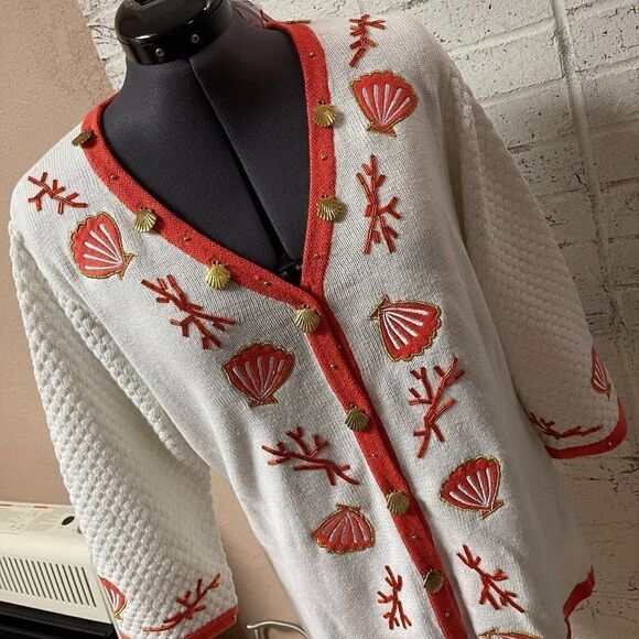 NWT Vintage Storybook Knits Seashell Seashore Beaded Print Cardigan Small - Picture 1 of 10